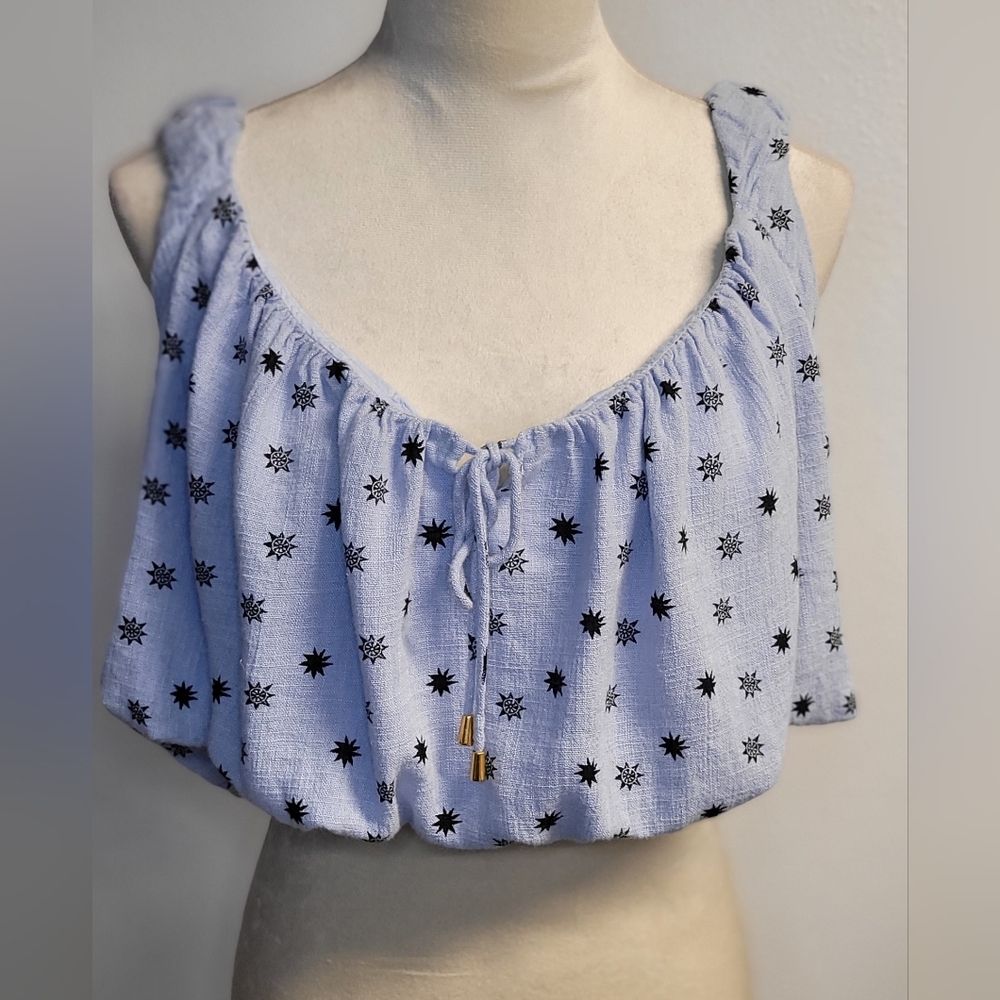 Free People Star Print Crop Top Womens Size Medium Blue Rayon Linen Keyhole